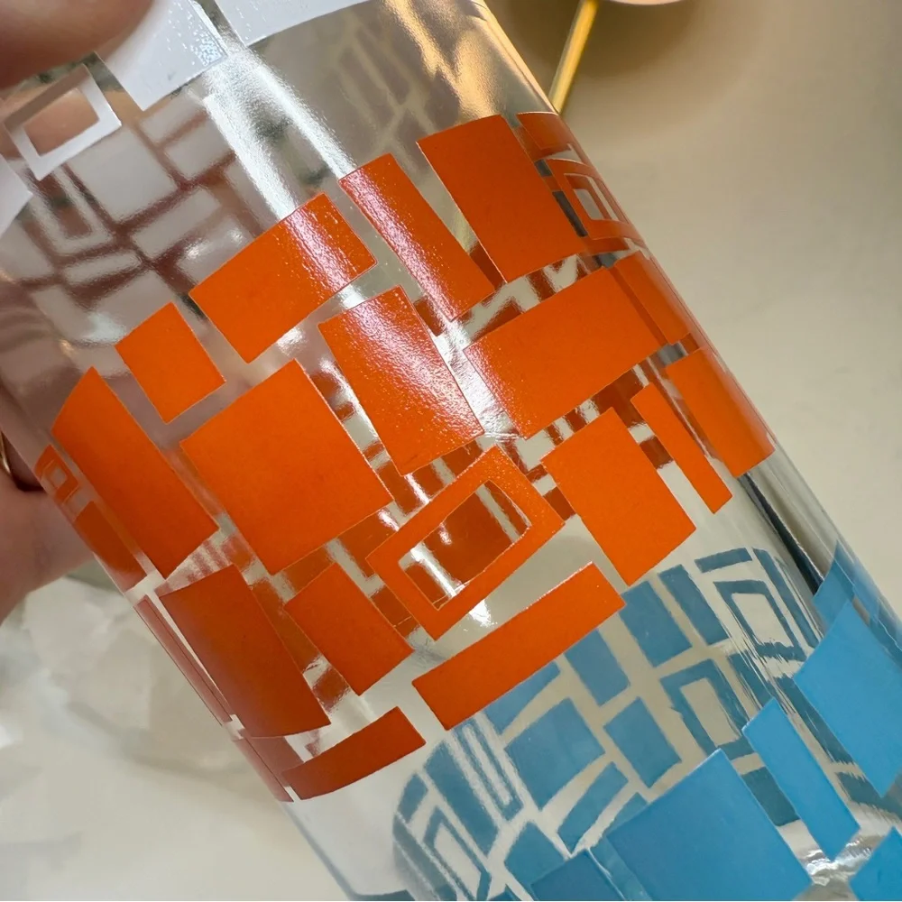 Vintage Mid Century Abstract Shapes Orange Blue White Tumbler Drinking Glass